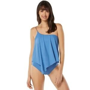 Michael Kors Tankini Swim Top Chain One Shoulder Blue Asymmetrical Size S NWT